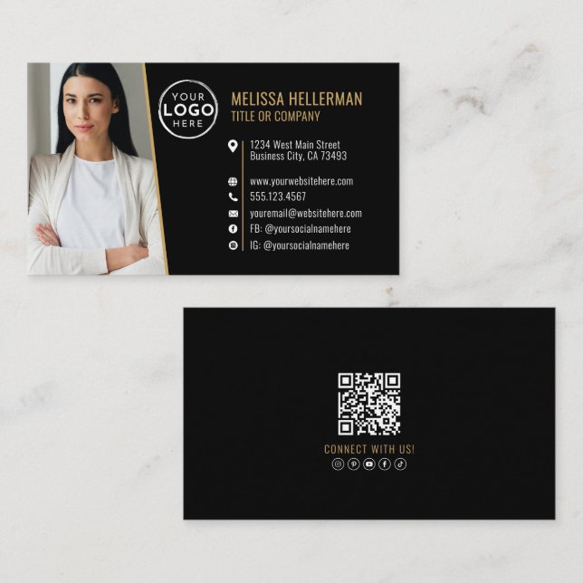 Tarjeta De Visita Black Gold Professional QR Code Photo Logo (Anverso / Reverso)