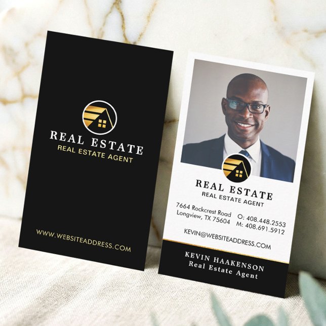 Tarjeta De Visita Black Gold Professional Real Estate Broker Photo (Black Gold Professional Real Estate Broker Photo Business Card)