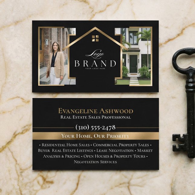 Tarjeta De Visita Black Gold Real Estate Agent Photo Custom Logo (Black Gold Real Estate Agent Photo Custom Logo Business Card)