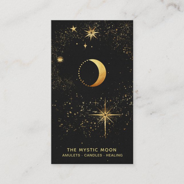 Tarjeta De Visita *~* Black Gold Stars Mystic Moon Luna Luna (Anverso)