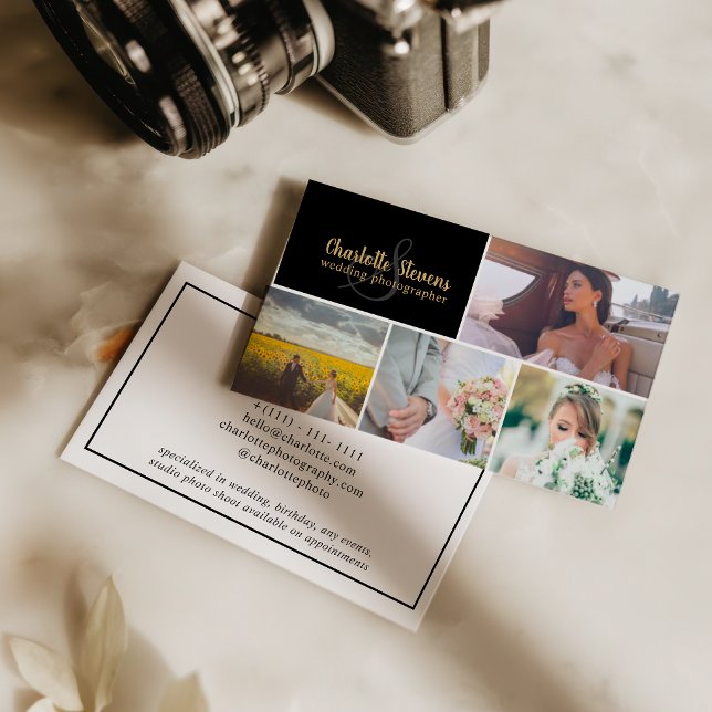 Tarjeta De Visita Black gold wedding photographer collage (Black gold wedding photographer collage business card)