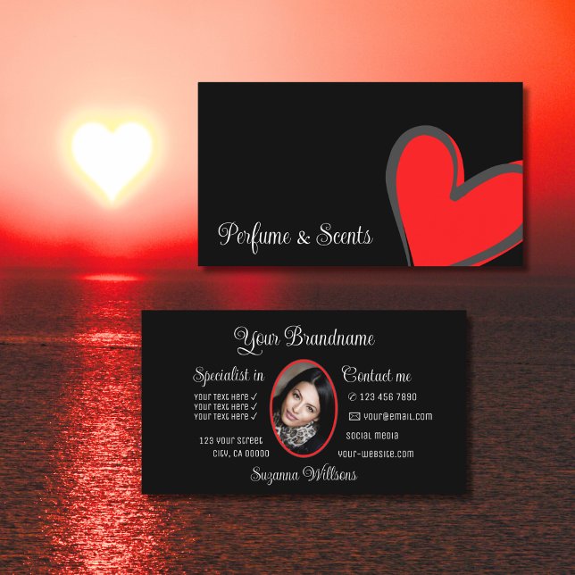 Tarjeta De Visita Black Gorgeous Red Heart Modern con foto-Cute (Subido por el creador)
