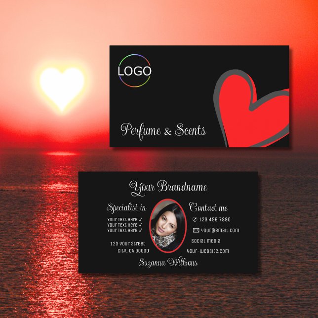 Tarjeta De Visita Black Gorgeous Red Hearte Cute con logo y foto (Subido por el creador)