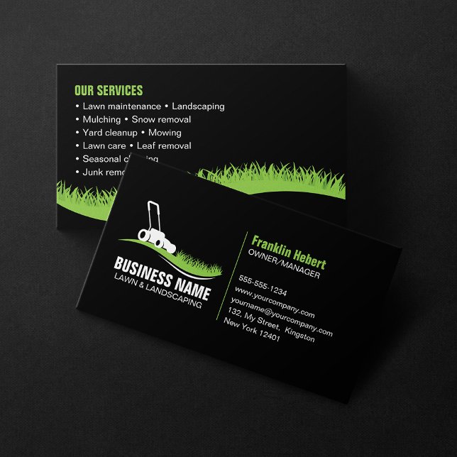 Tarjeta De Visita Black Green Lawn care Landscaping mowing Service (Subido por el creador)