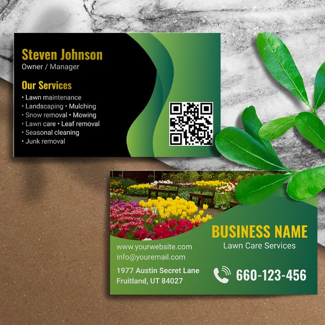 Tarjeta De Visita Black Green Modern Lawn Care Landscaping QR Code (Subido por el creador)
