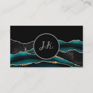Tarjeta De Visita Black Green Silver Iniciales Agate Glam Marble