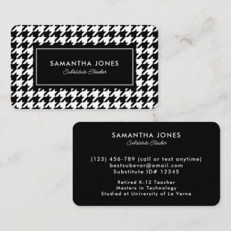 Tarjeta De Visita Black Houndstooth Substitute Teacher Contact Info