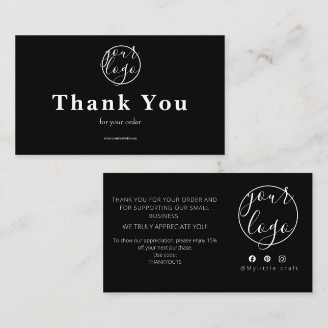 Tarjeta De Visita Black Logo Thank You Card Small Business (Anverso / Reverso)