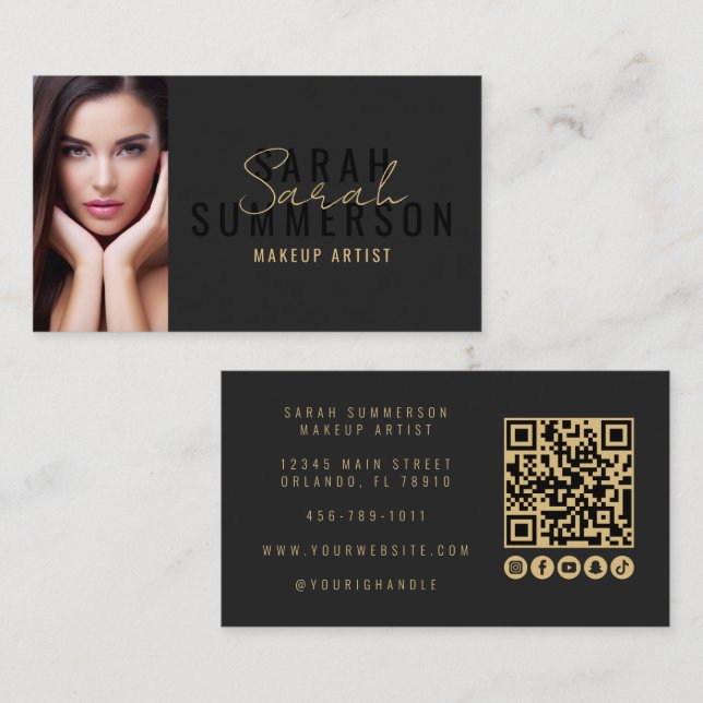 Tarjeta De Visita Black Makeup Artist Beauty Salon QR Code Photo (Anverso / Reverso)