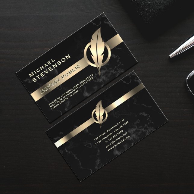 Tarjeta De Visita Black marble and gold feather notary (Subido por el creador)
