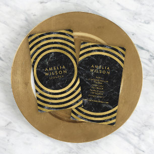 Tarjeta De Visita Black Marble Faux Gold Round Lines Medios sociales