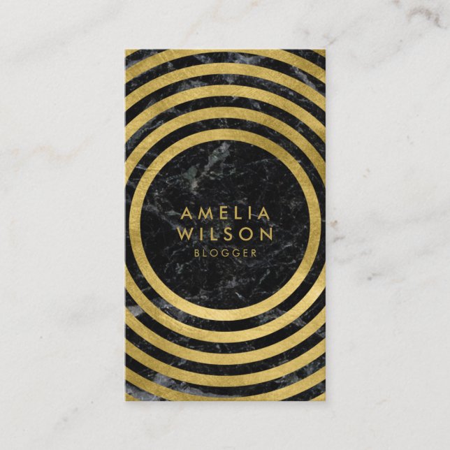 Tarjeta De Visita Black Marble Faux Gold Round Lines Medios sociales (Anverso)