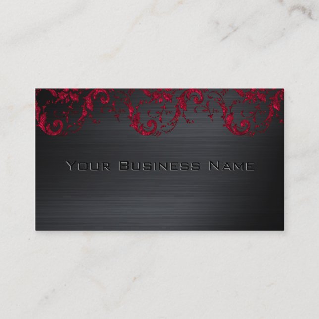 Tarjeta De Visita Black Metallic Red Damask Elegant Corporate (Anverso)