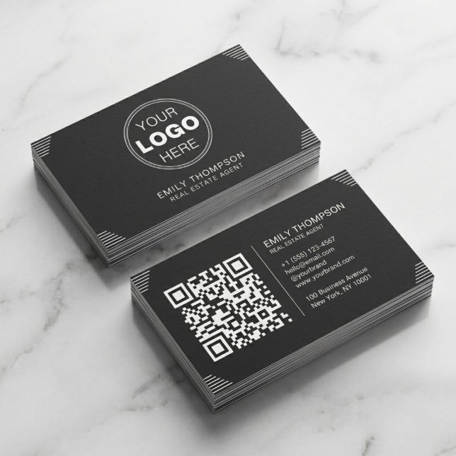 Tarjeta De Visita Black Minimalist Art Deco QR Code Layout (Modern Black Business Card Design with QR Code | Minimalist Branding)