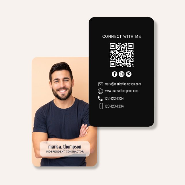 Tarjeta De Visita Black Minimalist QR Code Photo Connect Modern (Black QR code business card with photo and sleek modern minimalist layout)