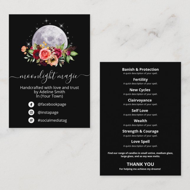 Tarjeta De Visita Black Moon And Stars Spell Jar Y Kit (Anverso / Reverso)