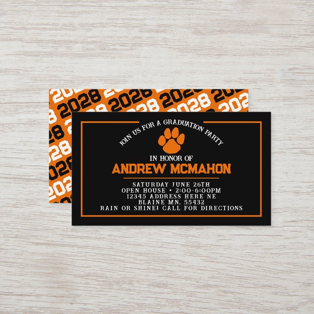 Tarjeta De Visita Black & Orange Pawprint Mini Graduation Invites (Black and Orange Paw Mini Graduation Invites for Friends, Team Mates or as Inserts!)