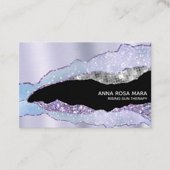 Tarjeta De Visita *~* Black Pastel Agate Geode Silver Purpurina Glam (Anverso)
