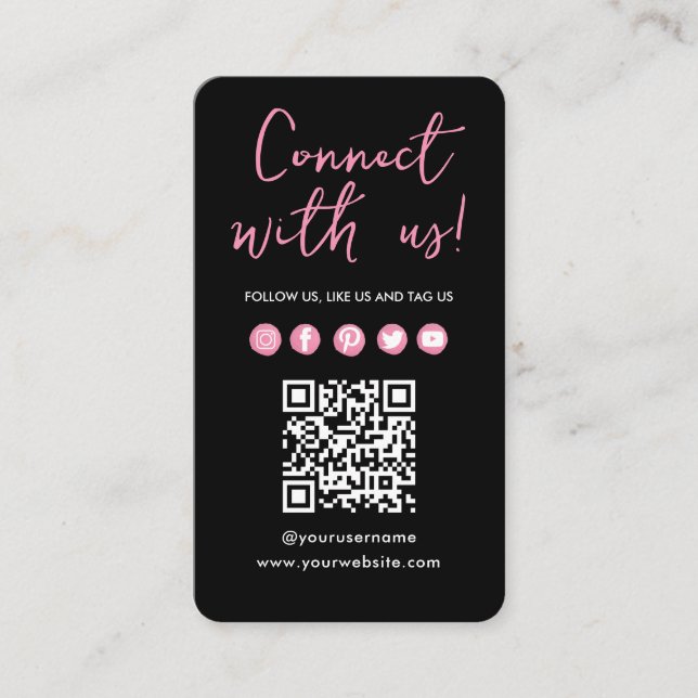 Tarjeta De Visita Black Pink Connect With US Social Media QR Code (Anverso)