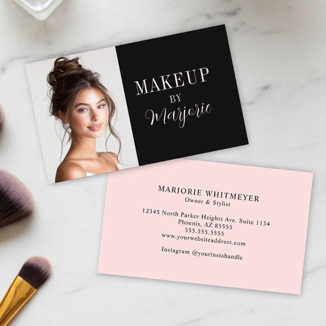 Tarjeta De Visita Black Pink Modern Typography Script Photo Makeup (modern black blush pink script photo makeup business card with modern typography)