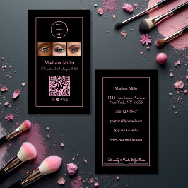 Tarjeta De Visita Black Pink Script Logo QR Code Photo Makeup