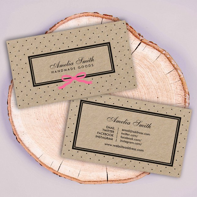 Tarjeta De Visita Black Polka Dot Pink Ribbon Kraft para medios soci (Subido por el creador)