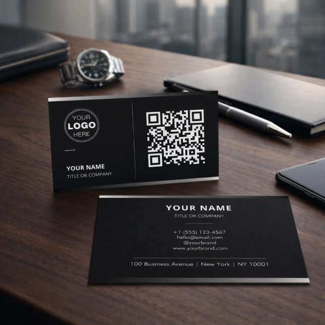 Tarjeta De Visita Black QR Code Business Card with Logo | Modern (Subido por el creador)