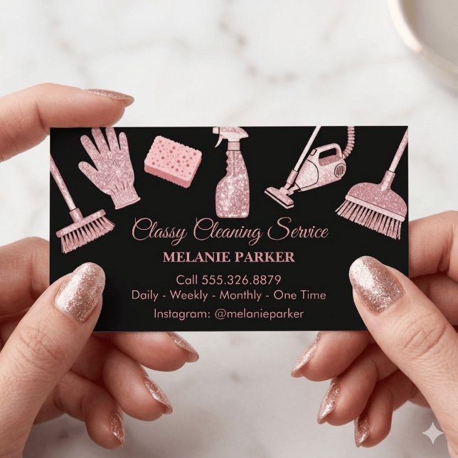 Tarjeta De Visita Black & Rose pink Glitter Classy Cleaning Services (Subido por el creador)