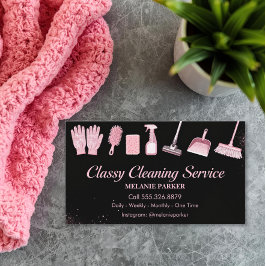 Tarjeta De Visita Black & Rose pink Glitter Classy Cleaning Services