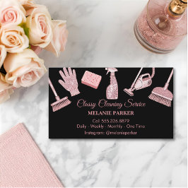 Tarjeta De Visita Black & Rose pink Glitter Classy Cleaning Services