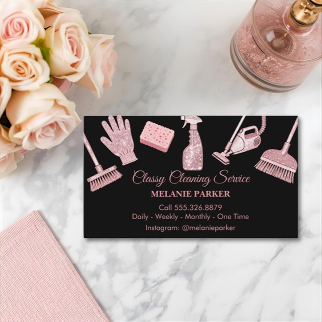 Tarjeta De Visita Black & Rose pink Glitter Classy Cleaning Services (Subido por el creador)
