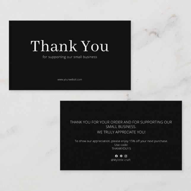 Tarjeta De Visita Black Serif Thank You Card Discount Code Business (Anverso / Reverso)