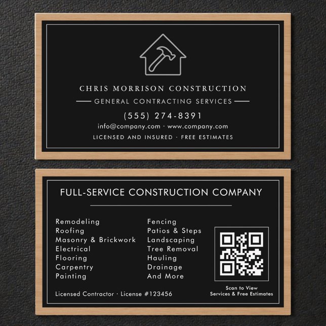 Tarjeta De Visita Black & Silver General Contractor QR Code Wood  (Subido por el creador)