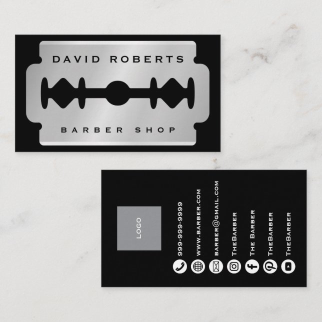 Tarjeta De Visita Black Silver Razor Blade Barber Business Card (Anverso / Reverso)