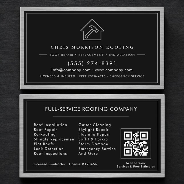 Tarjeta De Visita Black Silver Roofing Construction Services QR Code (Subido por el creador)