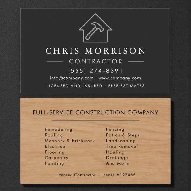 Tarjeta De Visita Black Silver Wood Building Construction Contractor (Subido por el creador)