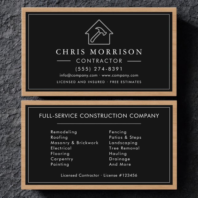 Tarjeta De Visita Black Silver Wood Construction Contractor (Subido por el creador)