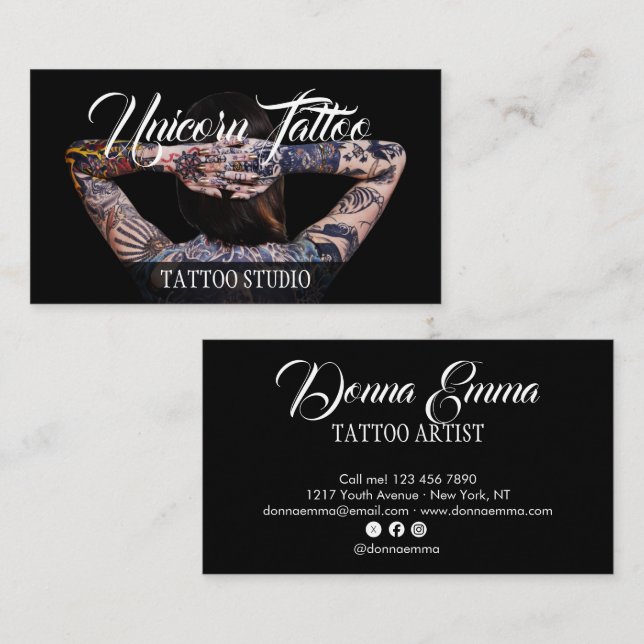 Tarjeta De Visita Black Tattoo artists photo script typography (Anverso / Reverso)