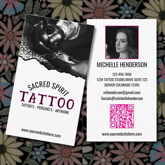Tarjeta De Visita Black & White Modern 2 Photo QR Code Tattooist (Subido por el creador)