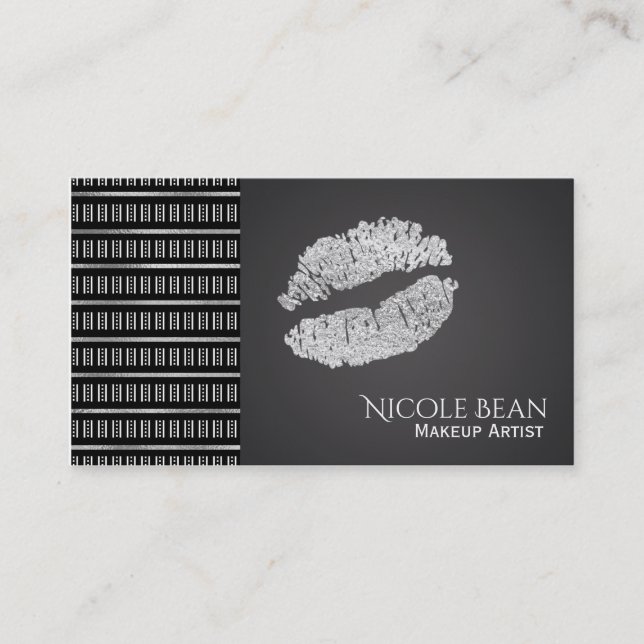 Tarjeta De Visita Black & White Modern Faux Silver Lips Beauty (Anverso)