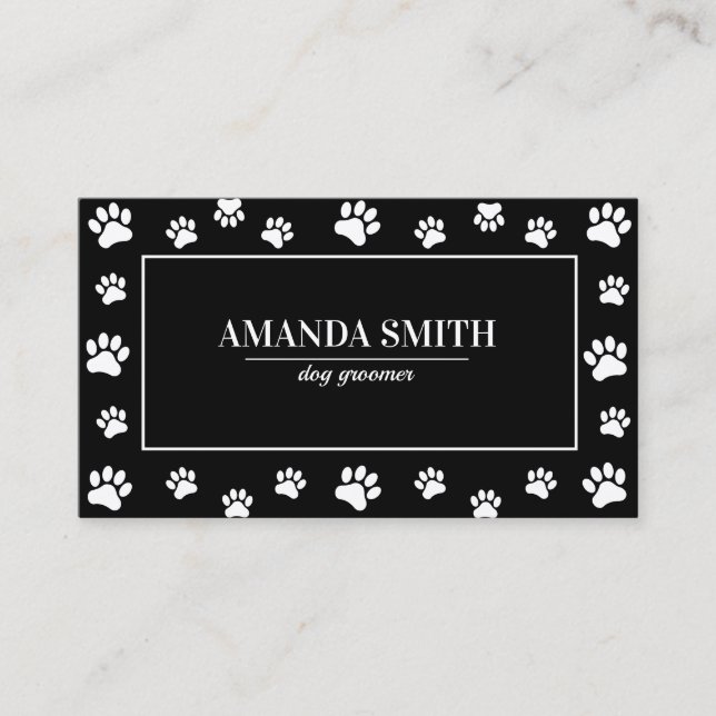 Tarjeta De Visita Black & White Paw Prints Dog Groomer Business Card (Anverso)