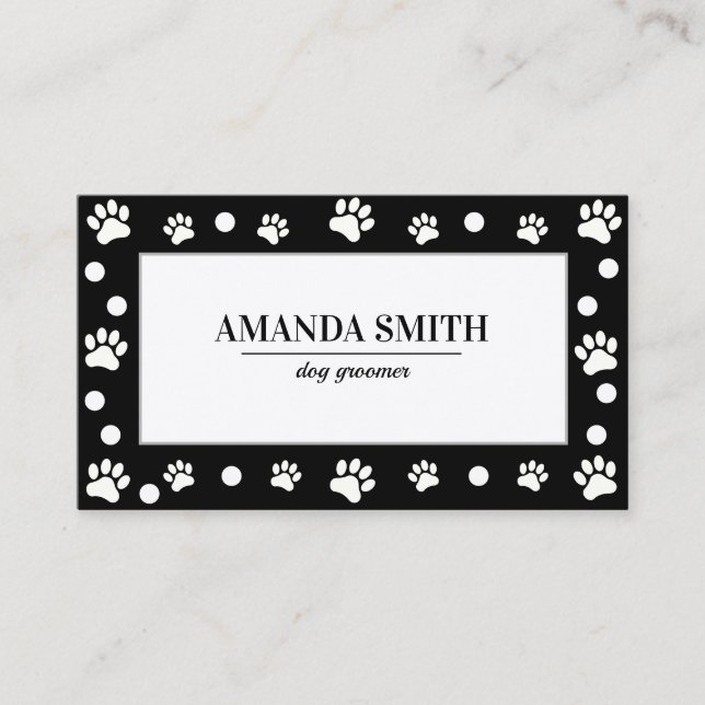 Tarjeta De Visita Black & White Polka Dots Paw Prints Business Card (Anverso)