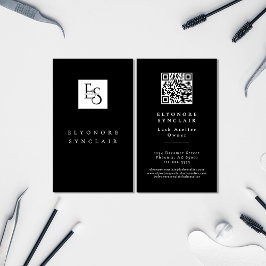 Tarjeta De Visita Black White Script Lashes Studio Logo QR Code