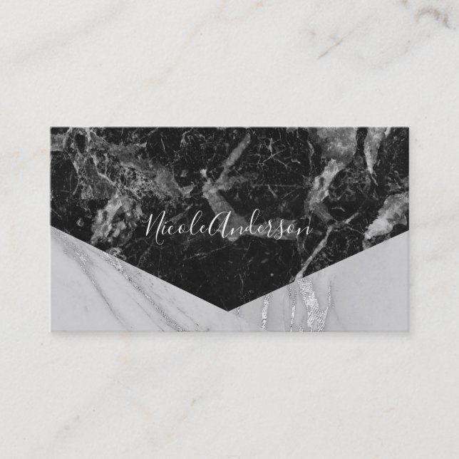Tarjeta De Visita Black White & Silver Marble Moderno Glam Trendy (Anverso)