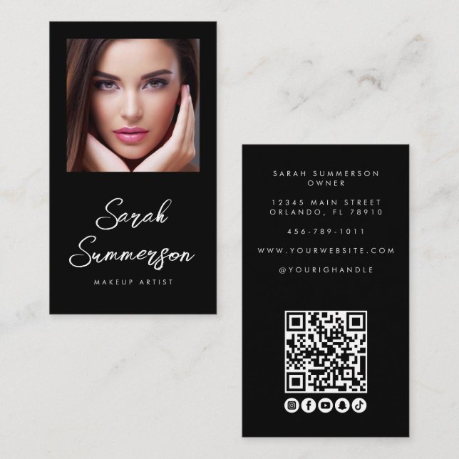 Tarjeta De Visita Black White Social Media QR Photo Makeup (Anverso / Reverso)