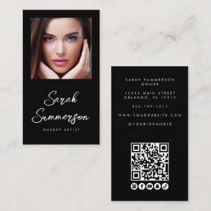 Tarjeta De Visita Black White Social Media QR Photo Maquillaje