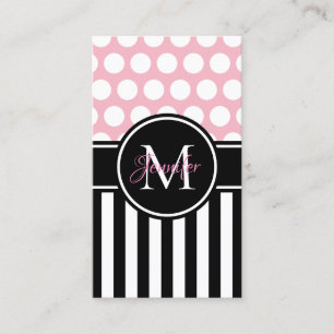 Tarjeta De Visita Black White Stripe Polka Dot Monograma rosa pálido