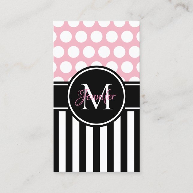 Tarjeta De Visita Black White Stripe Polka Dot Monograma rosa pálido (Anverso)