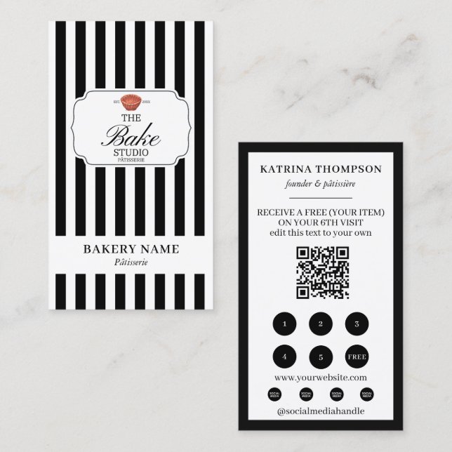Tarjeta De Visita Black White Stripes Bakery Logo Loyalty Punch (Anverso / Reverso)