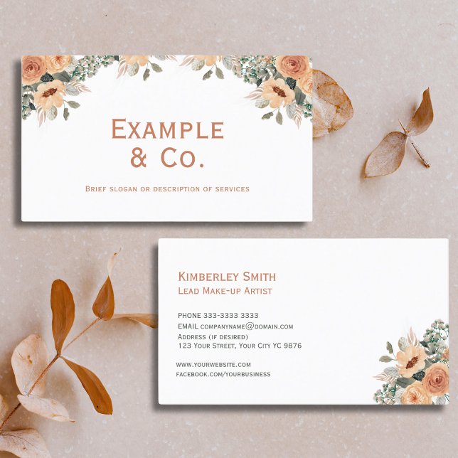 Tarjeta de visita blanca, albaricoque floral, sin  (Simple and elegant floral business card with peach roses and flowers along with greenery )